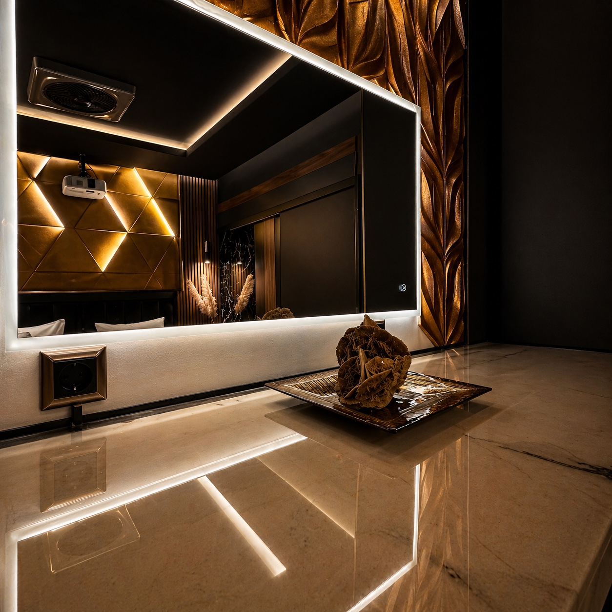 Φωτισμένο dressing vanity με γλυπτικό καθρέφτη.